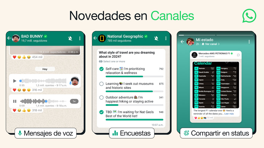 Los canales de WhatsApp ofrecen diferentes herramientas de interacción.