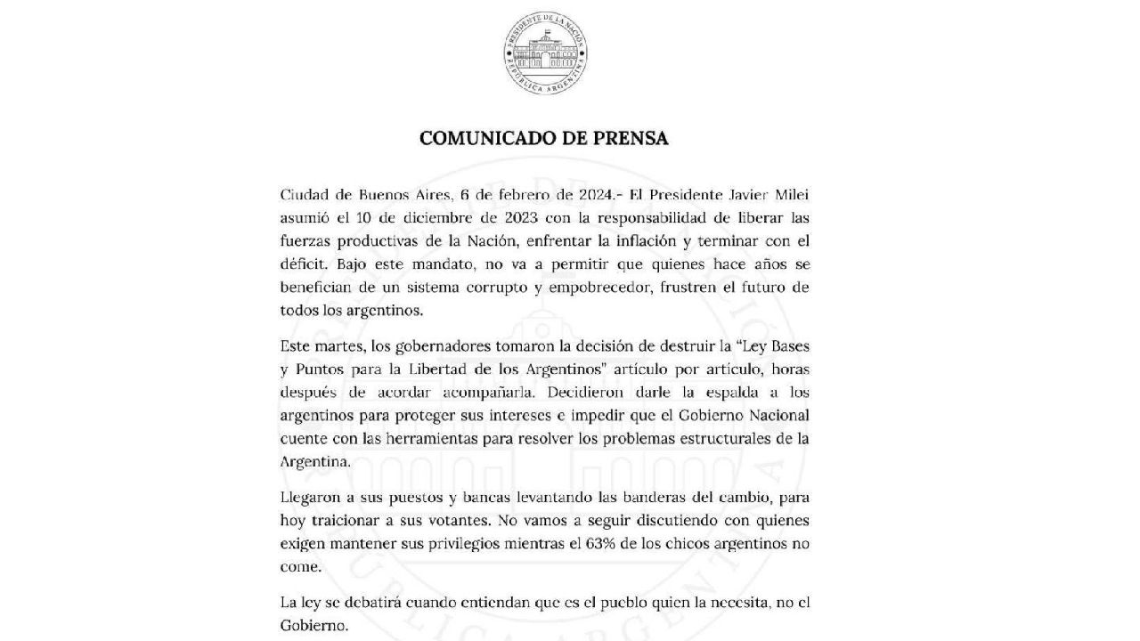 Desde el oficialismo, emitieron un comunicado.