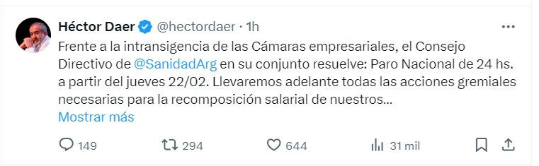 La medida de fuerza fue dada a conocer por el también cosecretario general de la CGT a través de sus redes sociales.