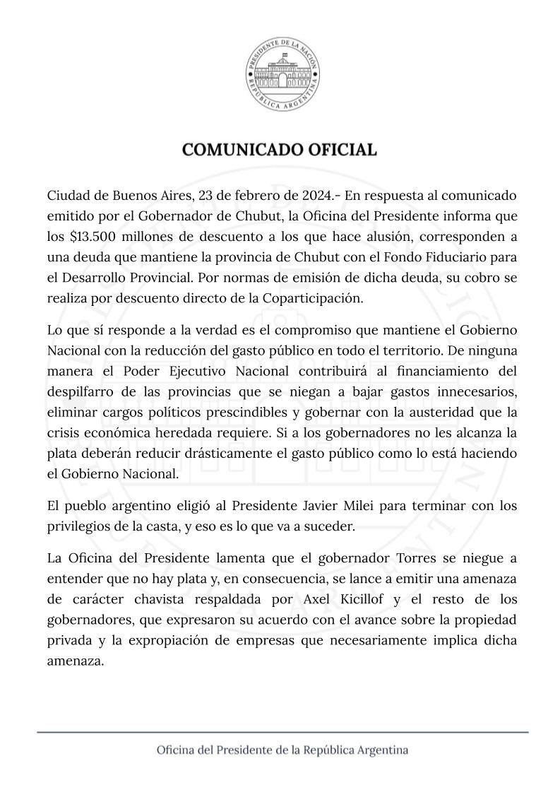 El comunicado difundido por la Oficina del Presidente