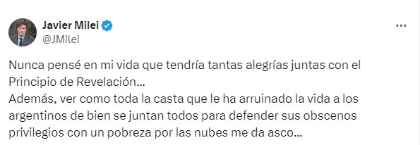 El mensaje de Javier Milei en sus redes sociales