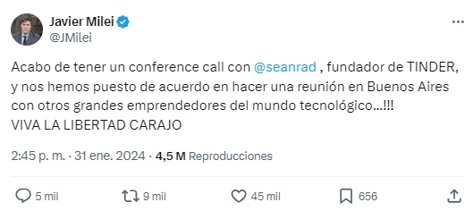 Tuit de Javier Milei sobre su conversación con Sean Rad