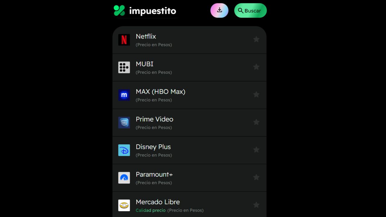 Impuestito cuanta con una larga lista de suscripciones para que puedas calcular tu presupuesto mensual en pesos