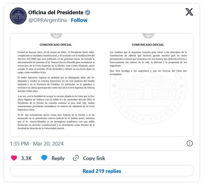 A través de un comunicado de la Oficina del Presidente, Javier Milei oficializó sus propuestas para renovar la Corte Suprema de Justicia