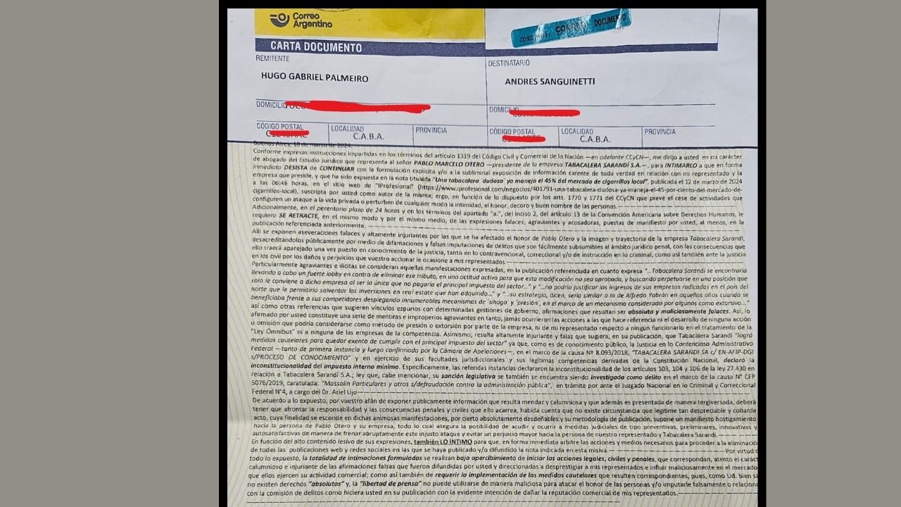 La carta documento que el dueño de la tabacalera Sarandí envió al periodista de iProfesional