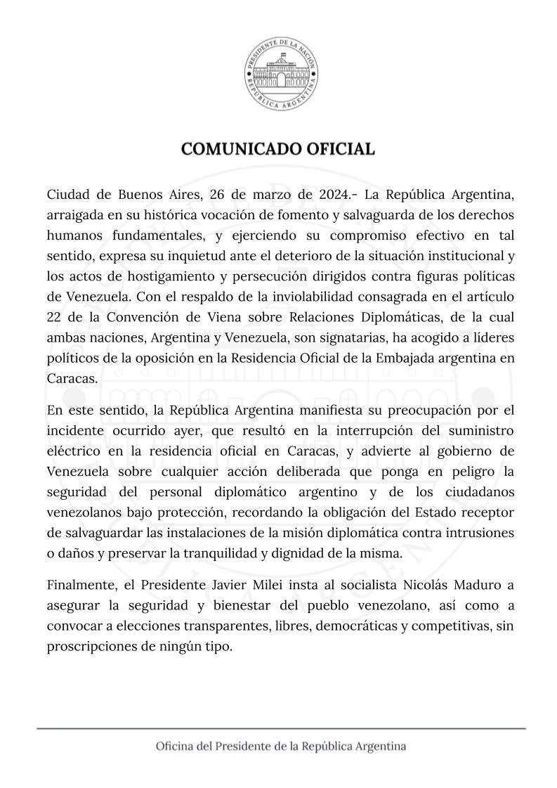 El comunicado que difundió el Gobierno este miércoles.