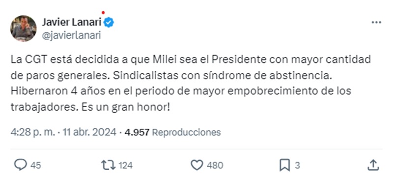 La publicación de Javier Lanari contra el paro general anunciado por la CGT