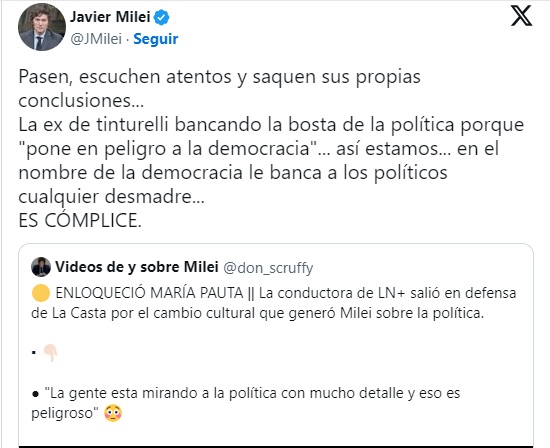 El mensaje que utilizó Javier Milei para apuntar contra la periodista María Laura Santillán, a partir de un video sacado de contexto