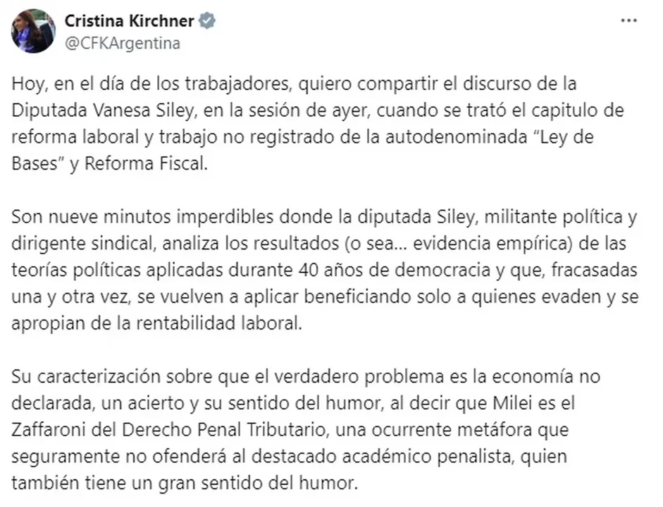 Fuerte crítica de Cristina Kirchner a Milei tras la media sanción de la Ley de Bases en Diputados