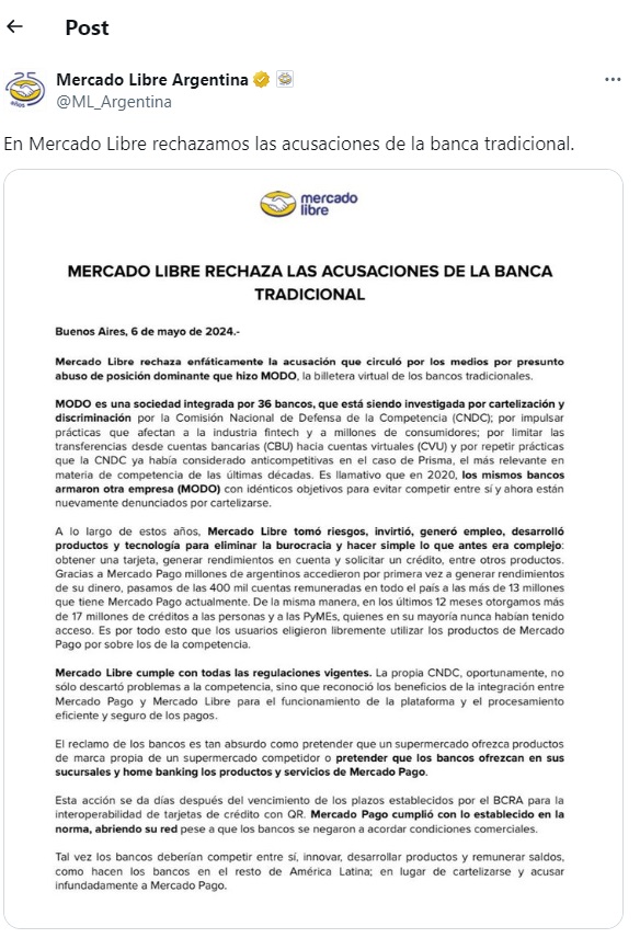 El unicornio salió al cruce de la denuncia que MODO realizó ante la Comisión Nacional de Defensa de la Competencia (CNDC) contra Mercado Pago