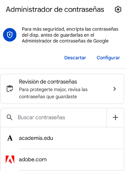 El administrador ofrece una lista de sitios web con contraseñas guardadas.