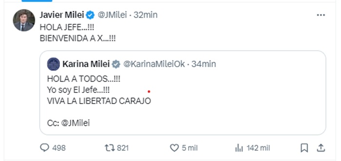 Karina Milei se sumó a X y el Presidente le dio la bienvenida