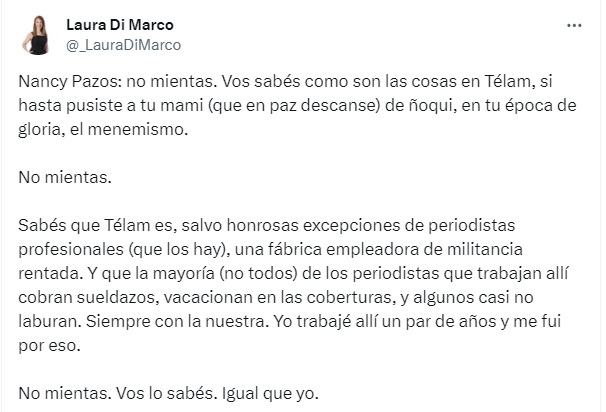 El mensaje de Laura Di Marco contra Nancy Pazos, por el caso Télam