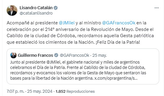 Lisandro Catalán estuvo en Córdoba junto a Francos, por el 25 de Mayo