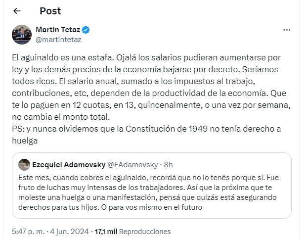 El diputado Martín Tetaz criticó el aguinaldo y dijo que 