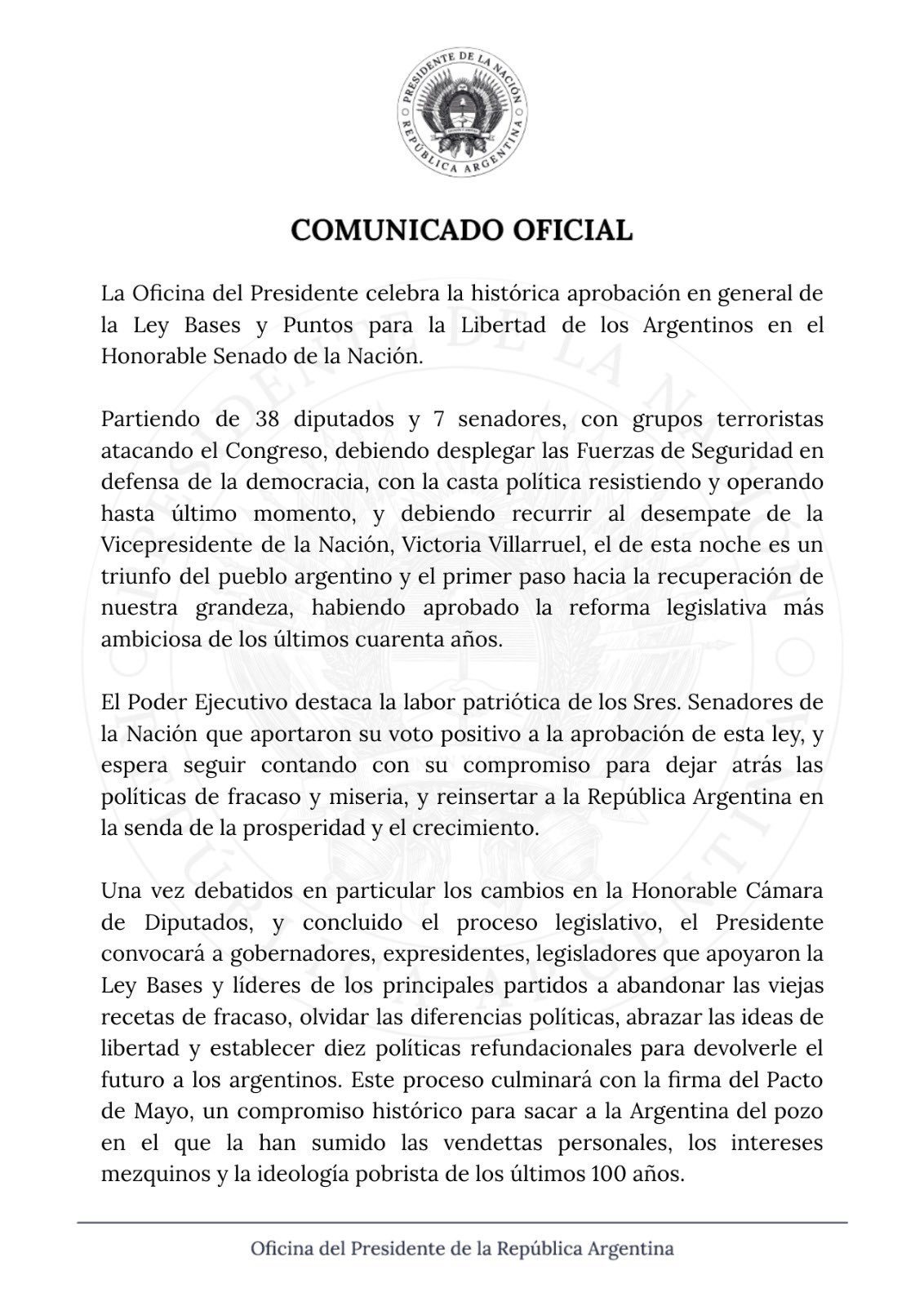 Comunicado emitido por el Gobierno de Javier Milei festejando la aprobación en Senado de Ley Bases