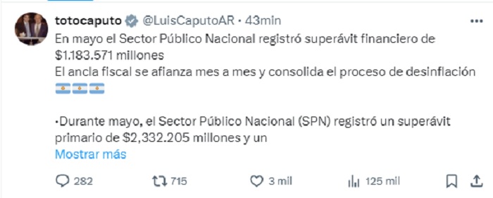 El ministro de Economía Luis Caputo anunció un nuevo superávit financiero