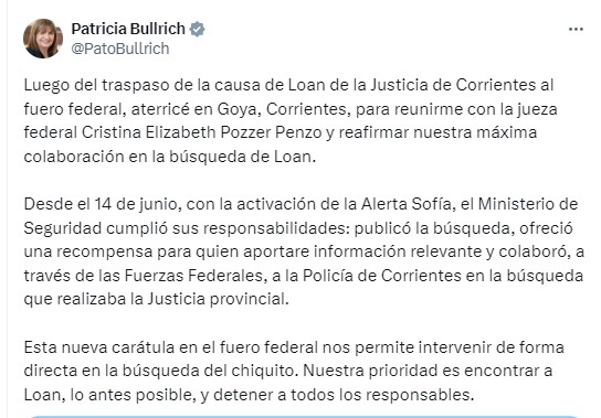 Patricia Bullrich afirmó que intervendrá de forma directa en la búsqueda de Loan