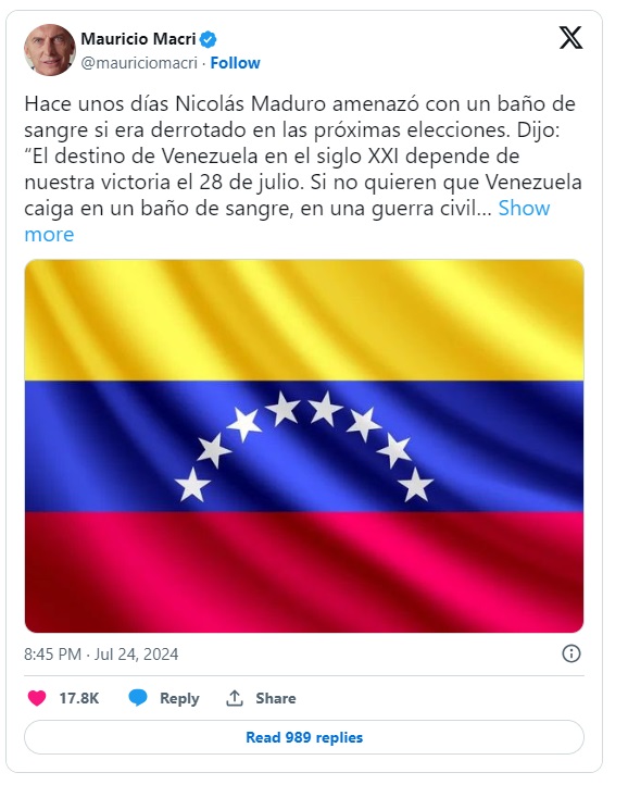 Macri cruzó a Maduro por el vaticinio del 