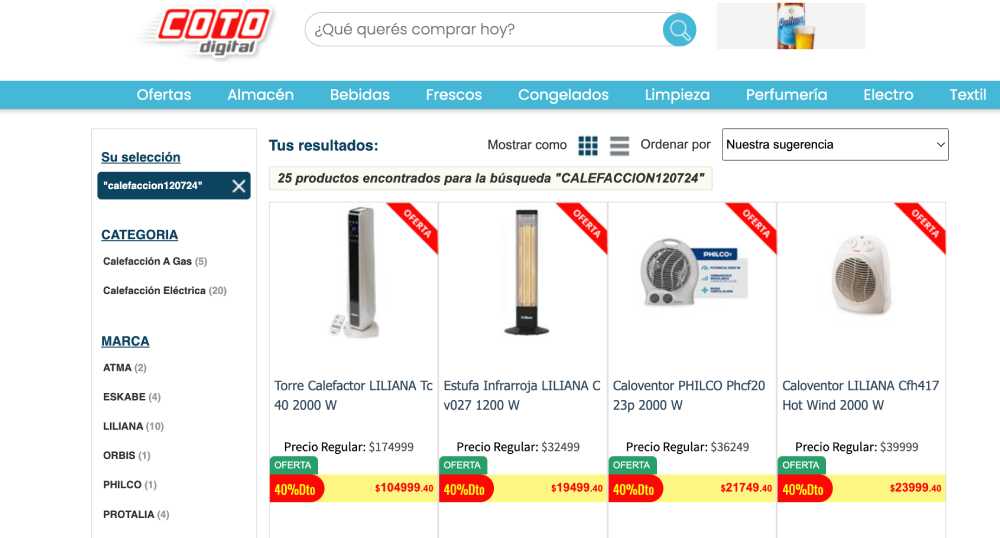 En el sitio web de Coto se pueden conseguir estufas y caloventores con 40% de descuento