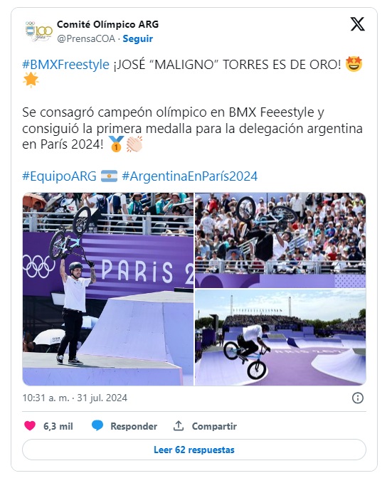 El Comité Olímpico Argentino celebró el triunfo de Torres en redes sociales