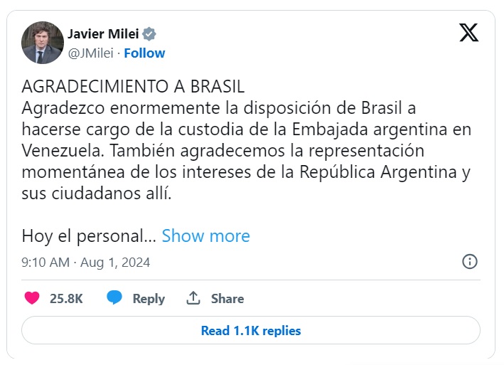 Javier Milei agradeció a Brasil por asumir la representación diplomática de Argentina en Venezuela