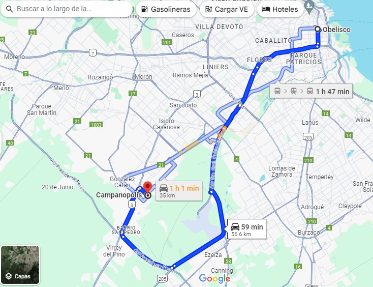 El trayecto para llegar a Campanópolis desde el centro de la Ciudad de Buenos Aires
