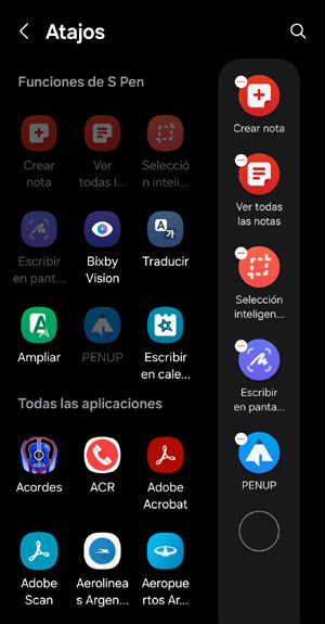 Atajos de funciones del S Pen.