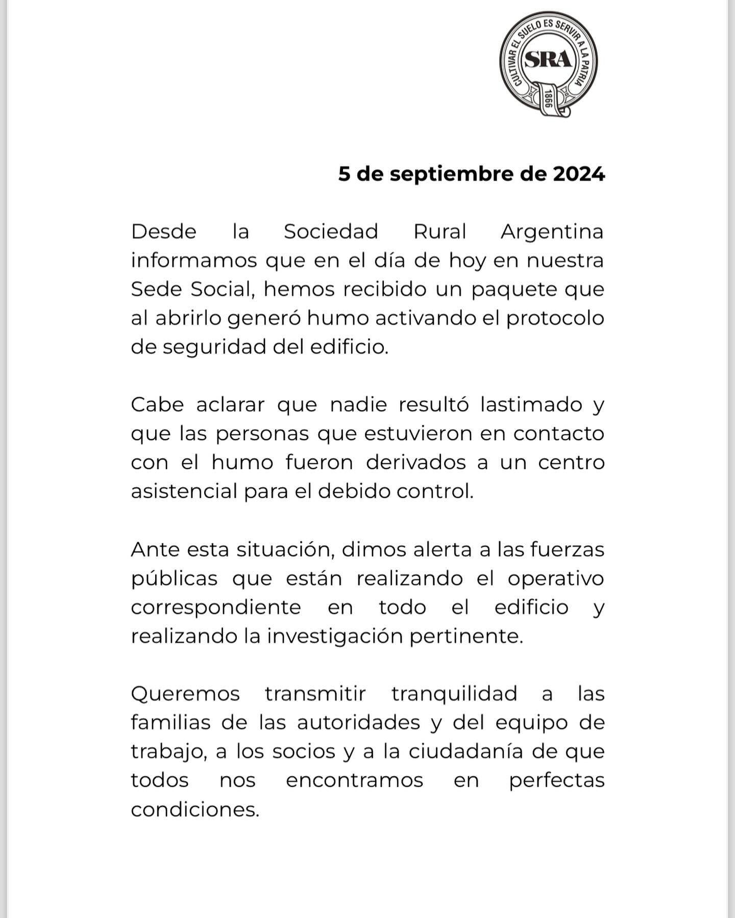 La Sociedad Rural emitió un comunicado tras el paquete explosivo que llegó a su sede