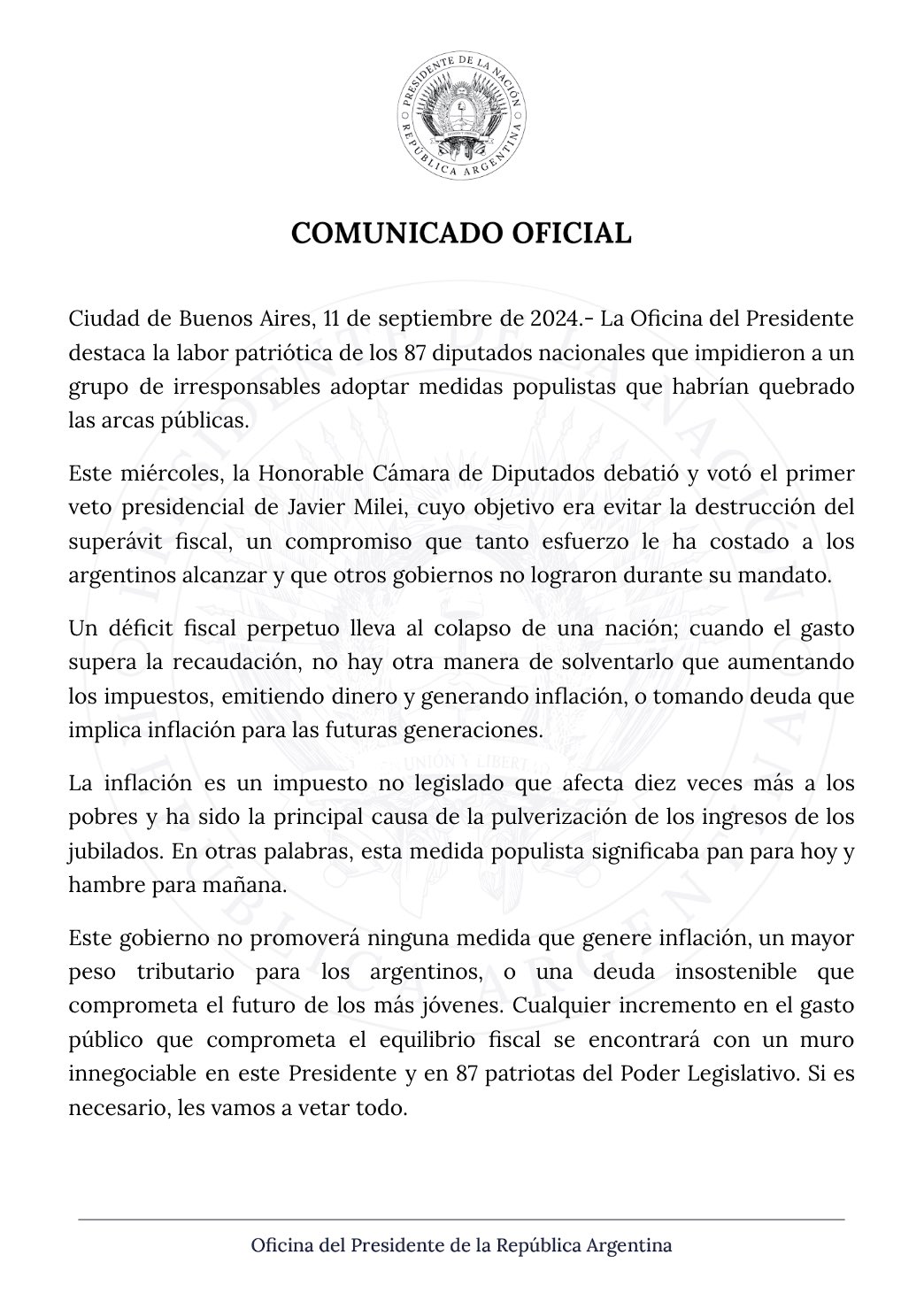El comunicado que compartió el Gobierno, tras conocerse la decisión de Diputados sobre el veto a la reforma jubilatoria.