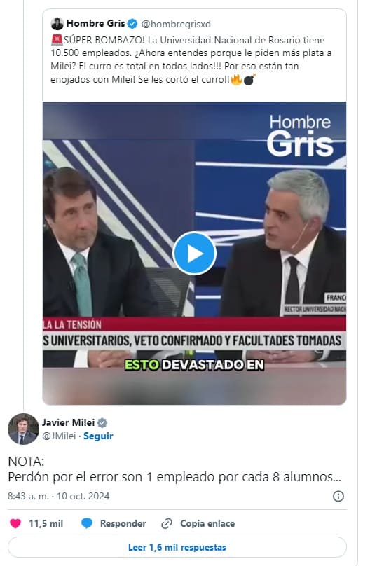 Milei cuestionó la cantidad de empleados universitarios en Rosario con un error de cálculo