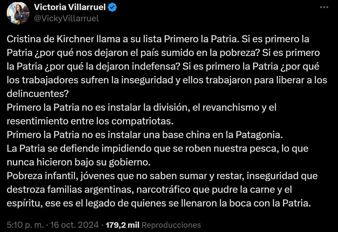 Victoria Villarruel cuestionó a Cristina Kirchner por el nombre que eligió para su lista en el PJ.