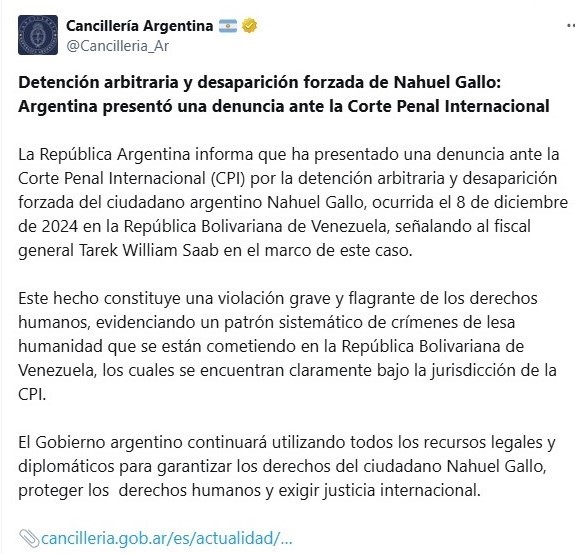 El comunicado de Cancillería sobre la denuncia ante la Corte Penal