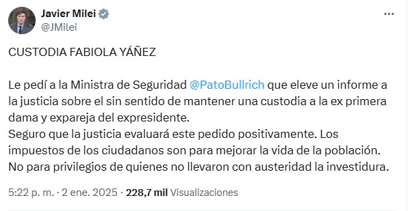 El mensaje de Javier Milei sobre la custodia de Fabiola Yañez