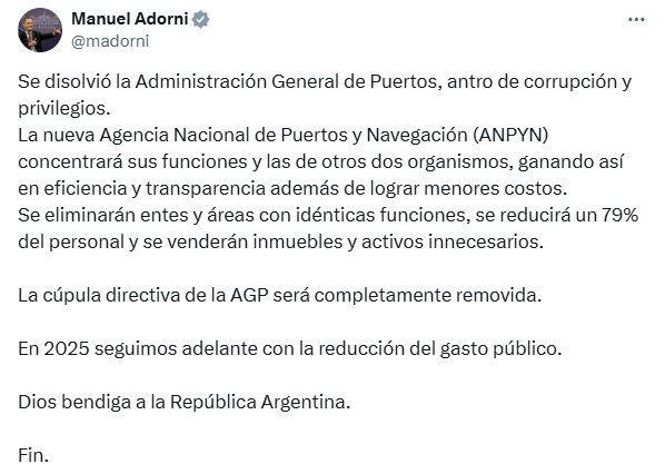 El mensaje de Manuel Adorni sobre la disolución de la AGP