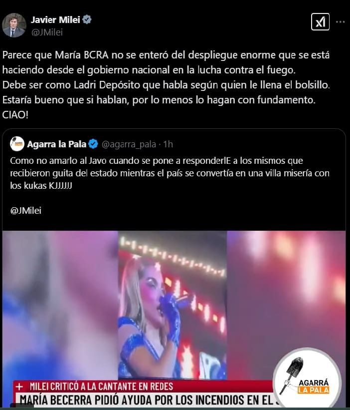 El Presidente volvió a cargar contra la cantante tras los dichos sobre los incendios en la Patagonia