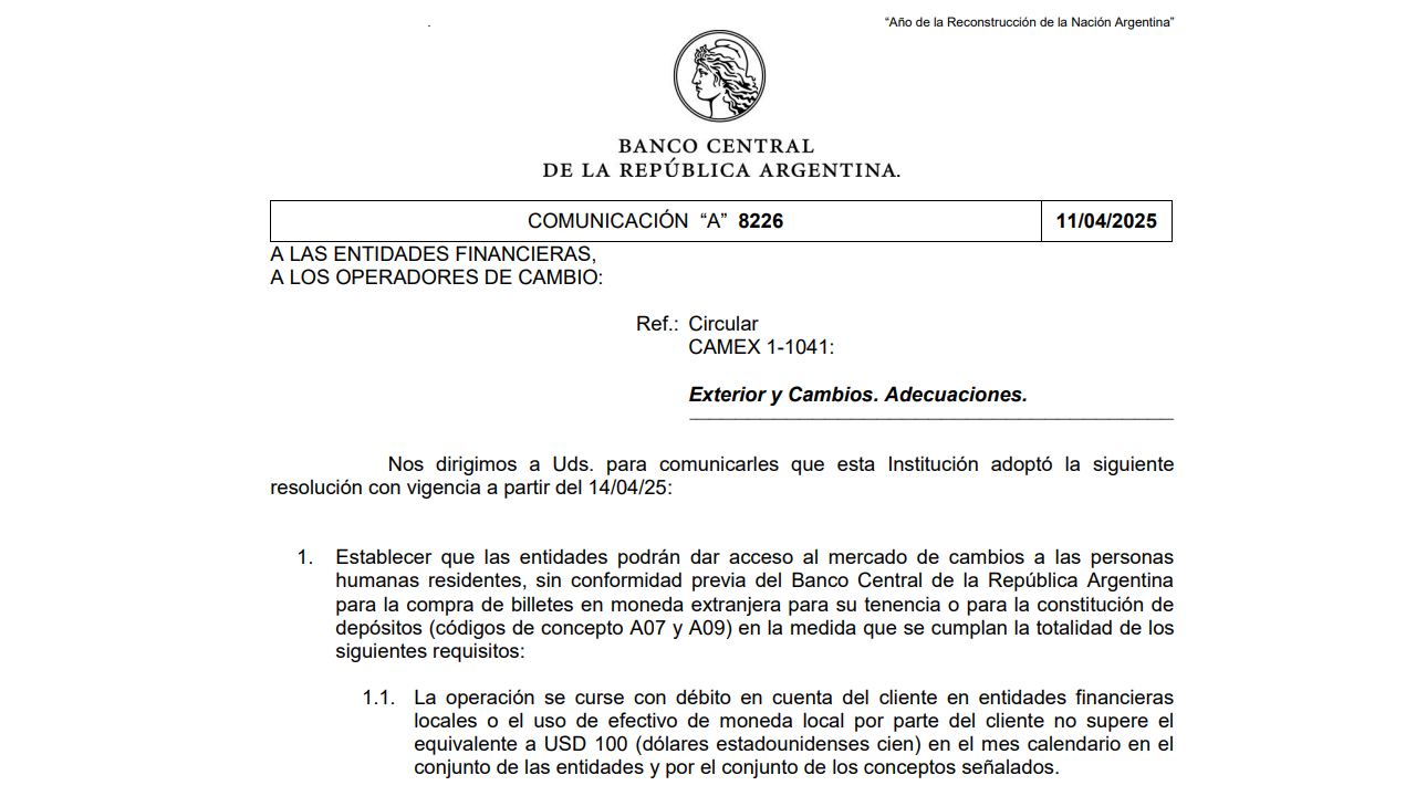 Comunicado oficial del Banco Central sobre el límite para comprar dólares en efectivo
