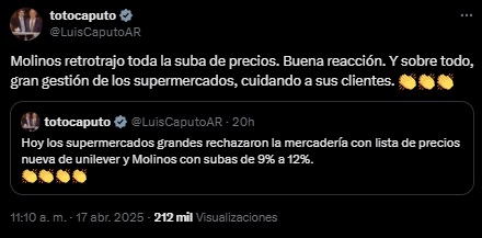 Luis Caputo festejó que Molinos retrotrajo la suba de precios