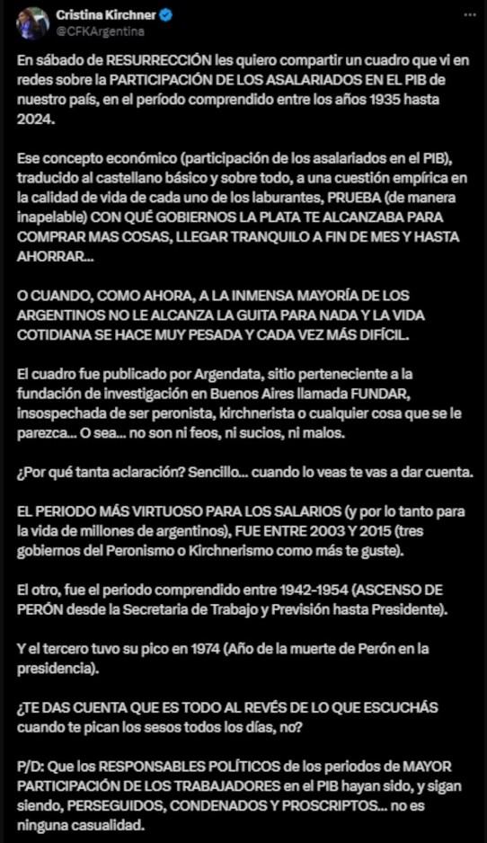 El tuit completo de la exmandataria