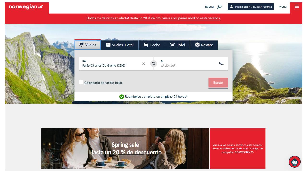 La web de Norwegian, con los anuncios de los descuentos de hasta 20% en pasajes