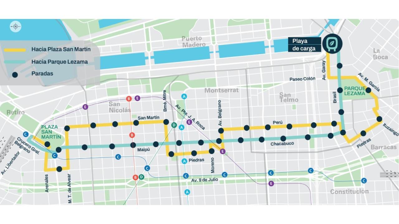 Los recorridos del Bus Eléctrico entre Parque Lezama y Plaza San Martín