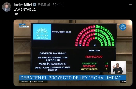 La reacción de Javier Milei ante el rechazo de Ficha Limpia en el Senado