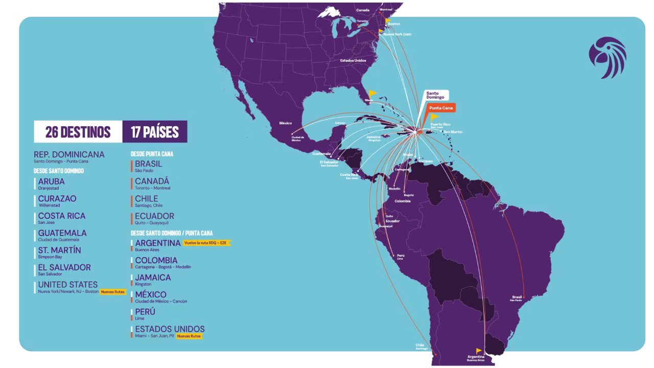 El mapa de destinos de Arajet, desde Punta Cana y Santo Domingo