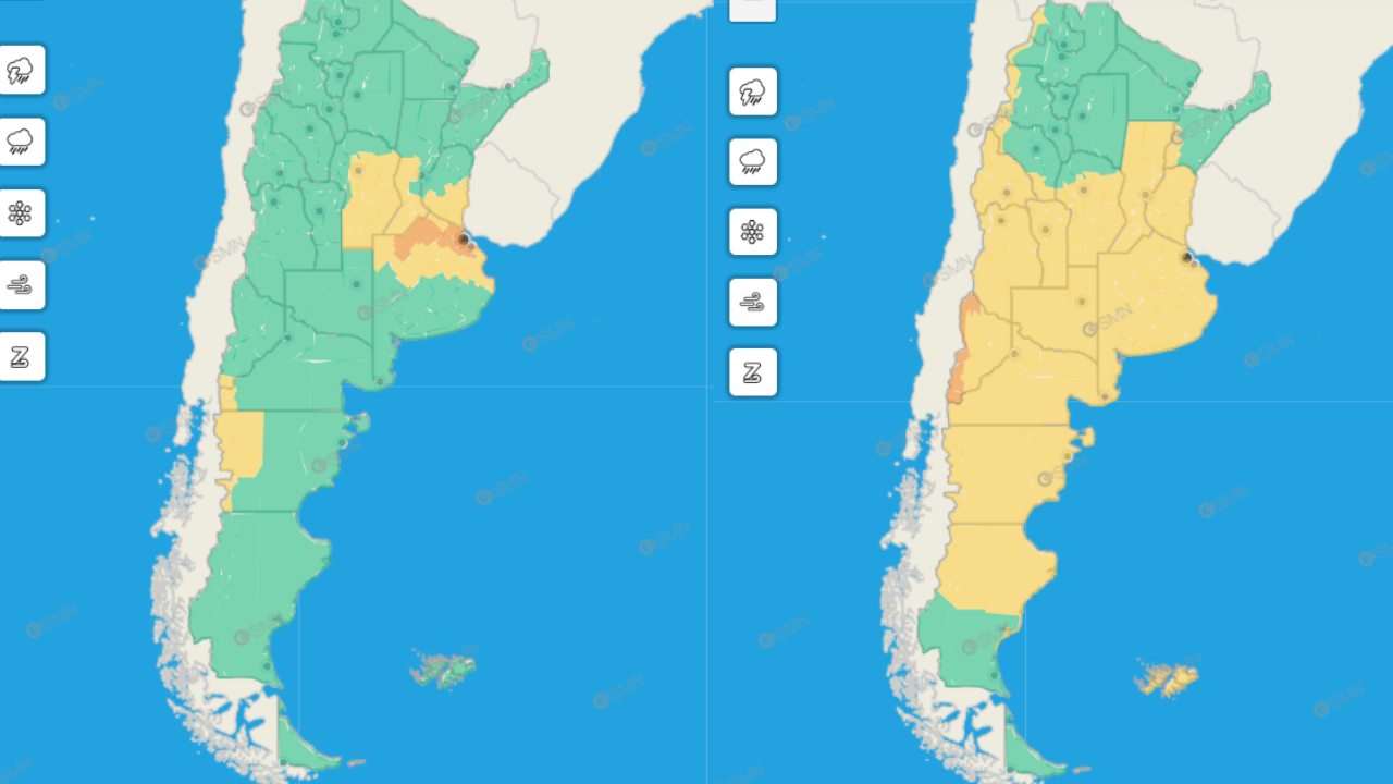 El mapa de alertas del SMN para el viernes y sábado, con alertas por tormenta