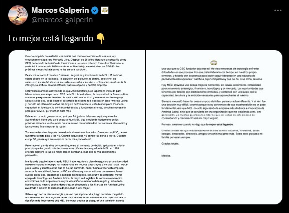 El mensaje de Marcos Galperin en redes: dejará de ser el CEO de Mercado Libre