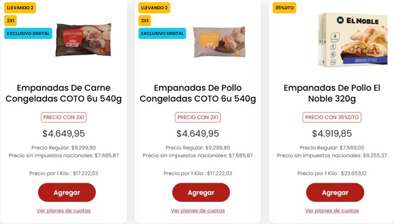 Precios de las empandas en supermercados Coto