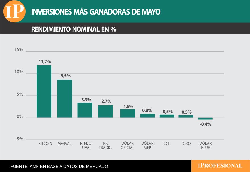 Las inversiones más ganadoras de mayo fueron Bitcoin y acciones del Merval.