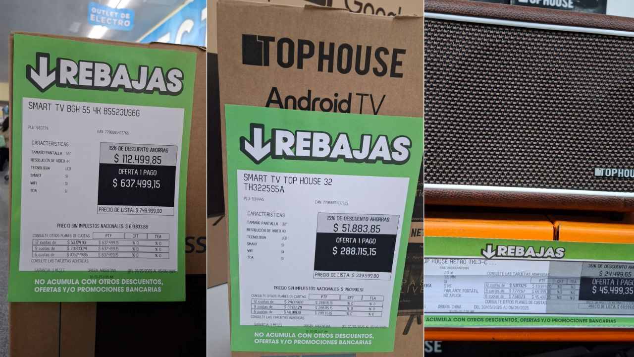 El outlet de Coto vende televisores y parlantes baratos y en cuotas sin interés