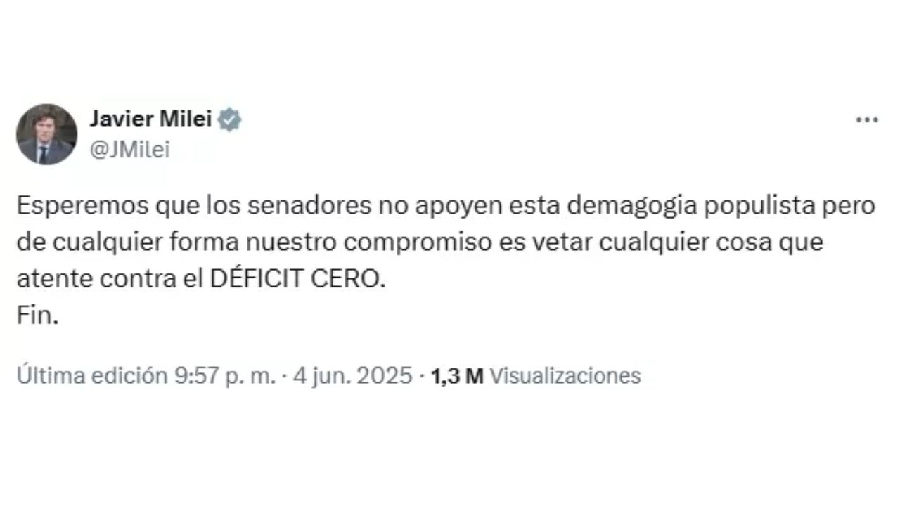Javier Milei  espera que el Senado rechace la propuesta pero tiene el veto listo si sale la ley
