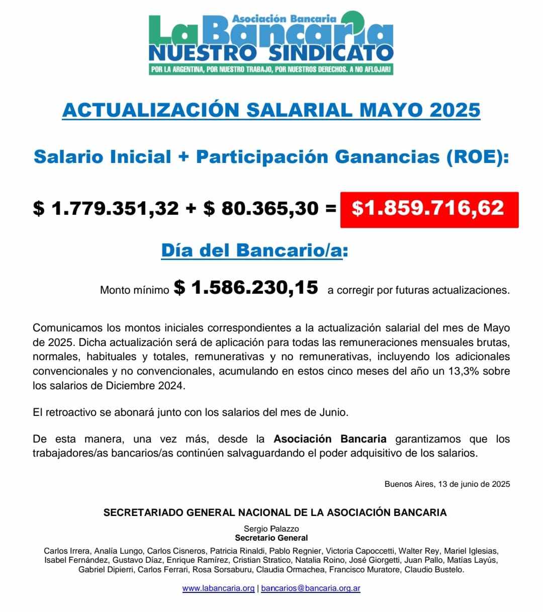 El comunicado de La Bancaria sobre el aumento de sueldo